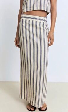 MANGO Striped Linen Long High Rise Skirt Ecru Blue Brown Slit side Zip size 6